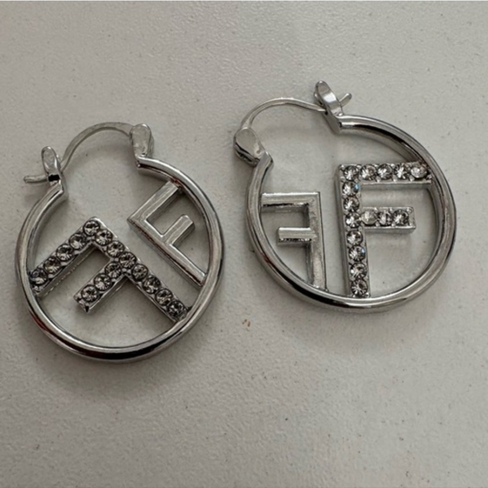 Silver Hoop Letter "F" Earrings with Crystal Accents
